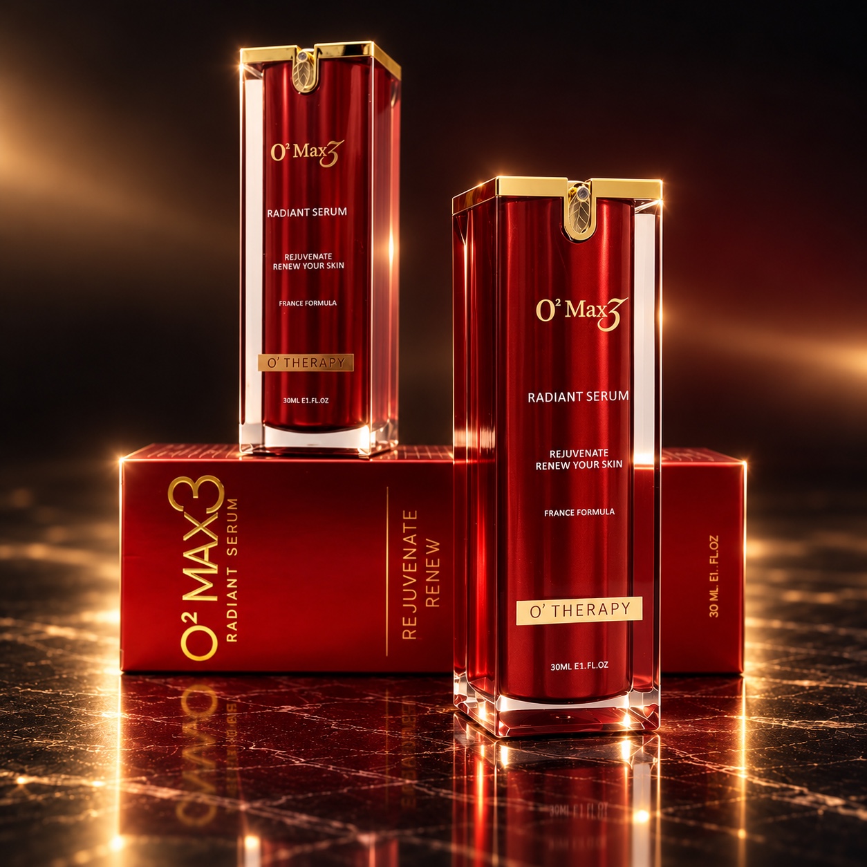 O2MAX3 Radiant Serum ขวดและกล่องสีแดงทอง